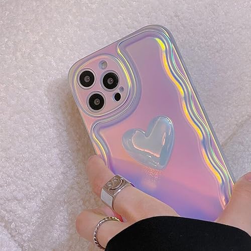 Miniatura 6 de Changjia Funda para iPhone 14 Pro Max para mujer, bonita funda holográfica 3D con diseño de corazón y corazón, brillante, marco de onda de luz a