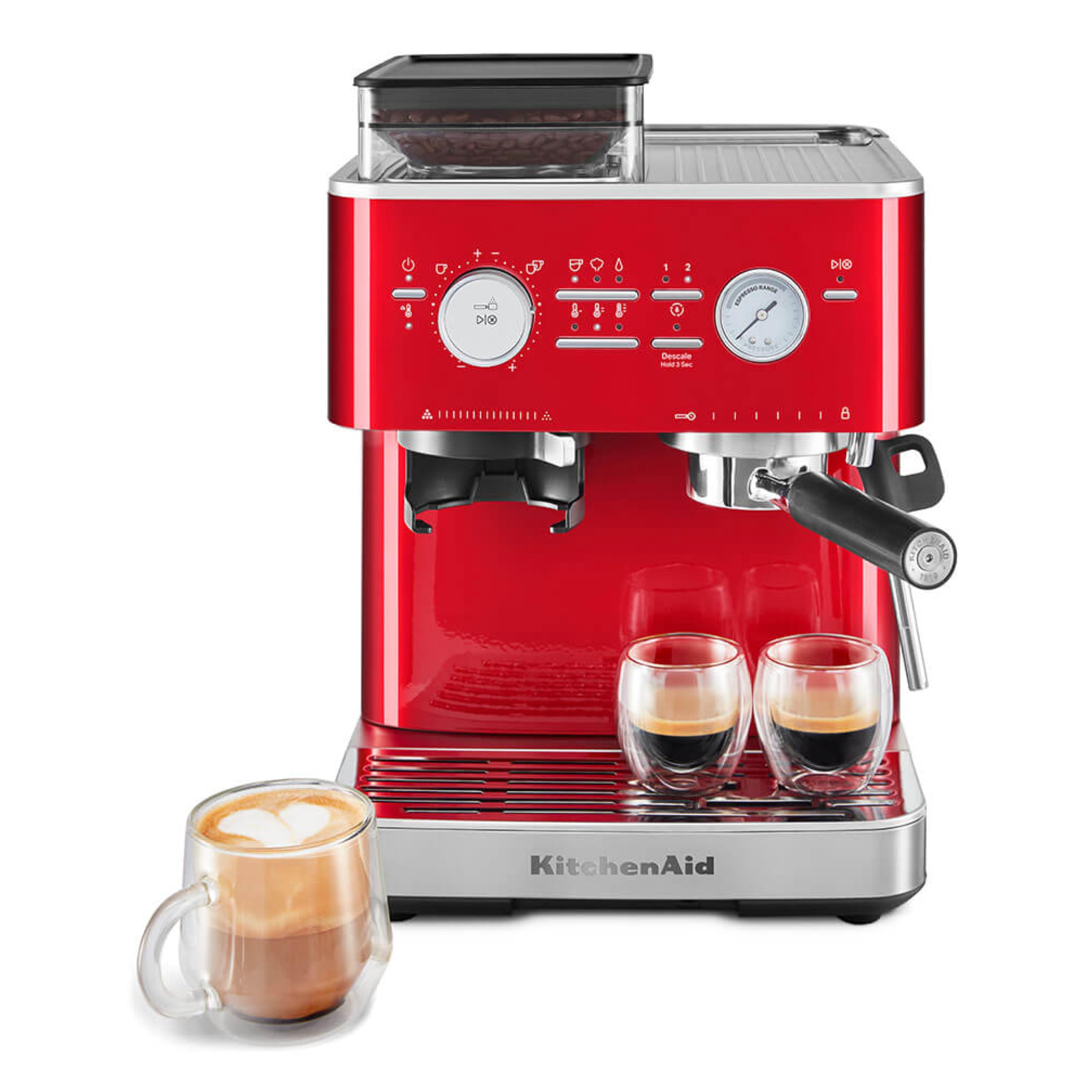 KitchenAid Cafetera espresso semiautomática con molinillo integrado - 15 niveles de molienda, control PID, bomba de 15 bar, vaporizador y diseño de acero inoxidable - Rojo