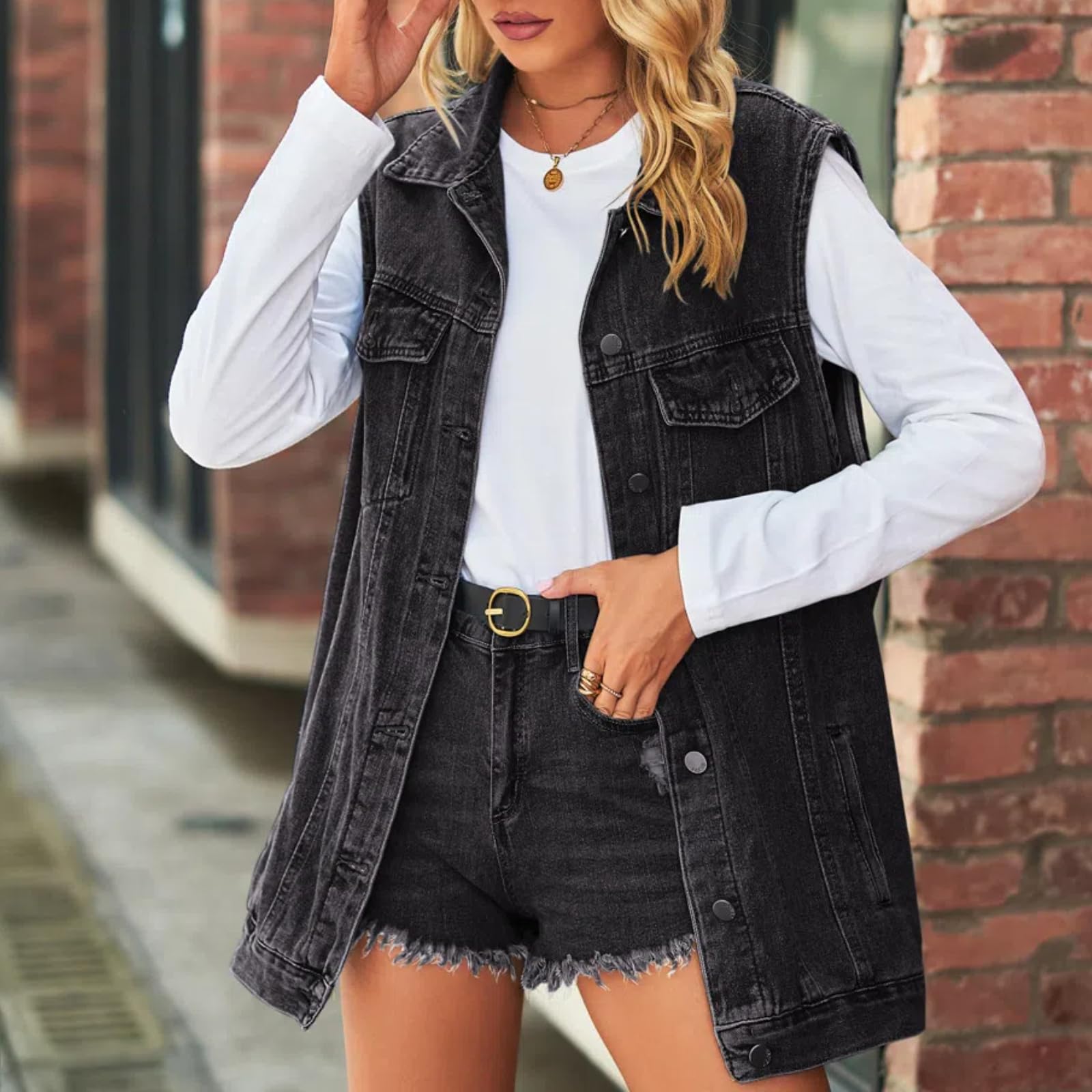 Damen Lose Casual Klassische Denim Jacke Ärmellose Knopf Denim Weste Jacken
