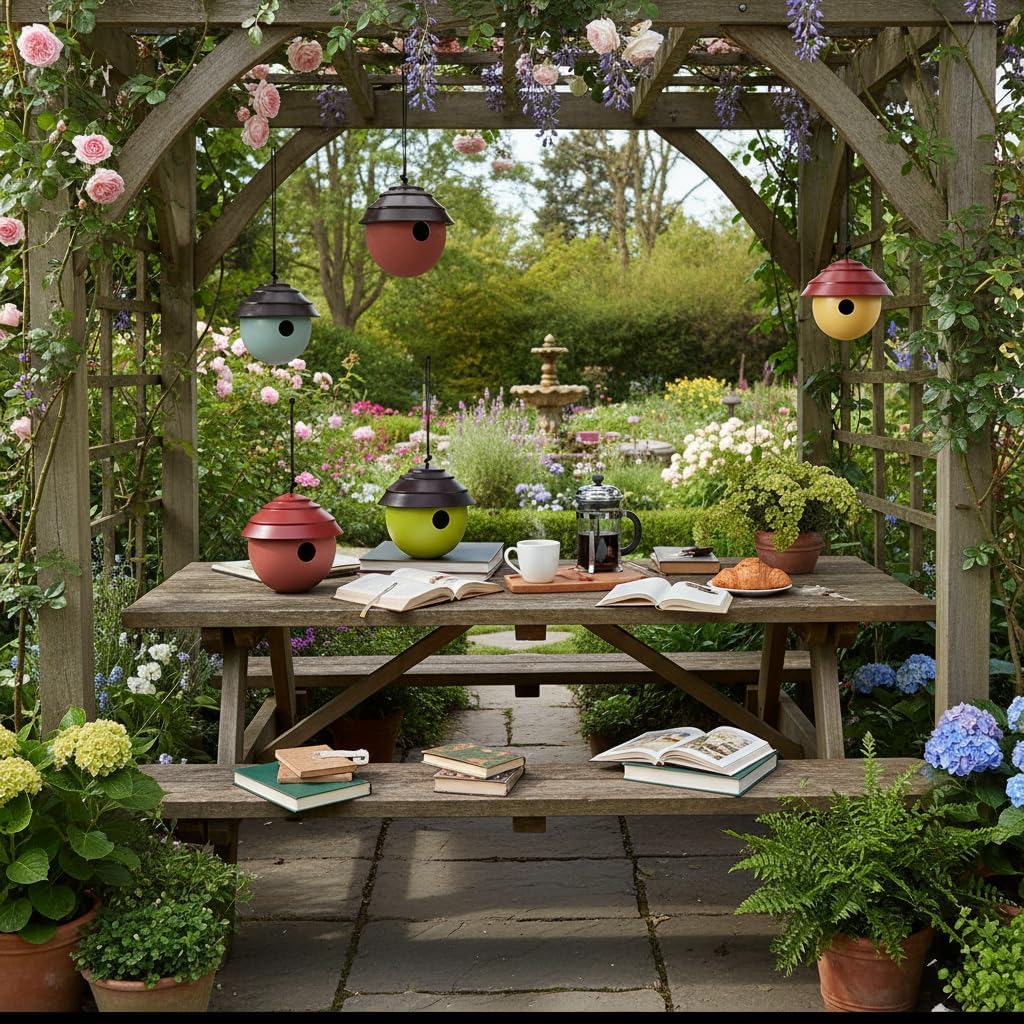 2 PK Composite Clay Bird House for Outside, Water Proof Hanging Birdhouse. Squirrel Proof Mordern Design Style Nest Box. 1.125" Hole Size for Wrens and Chickadees. (Sage Green & Lavender)