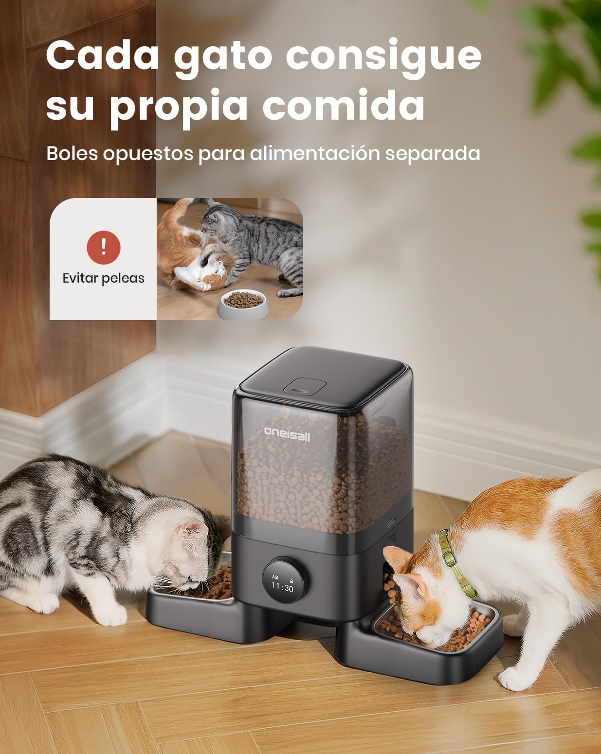 oneisall Comedero automático para Gatos 2 Tazones, 5L Comedero para Gatos con un botón Fácil Operación, dispensador de Comida Seca