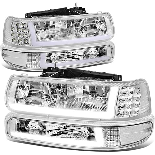 Auto Dynasty 4PCS LED DRL Headlights Assembly and Bumper Lamps Compatible with Chevy Silverado Suburban 1500 2500 3500 Tahoe 99-06, Driver and Passenger Side, Chrome Housing Clear Corner