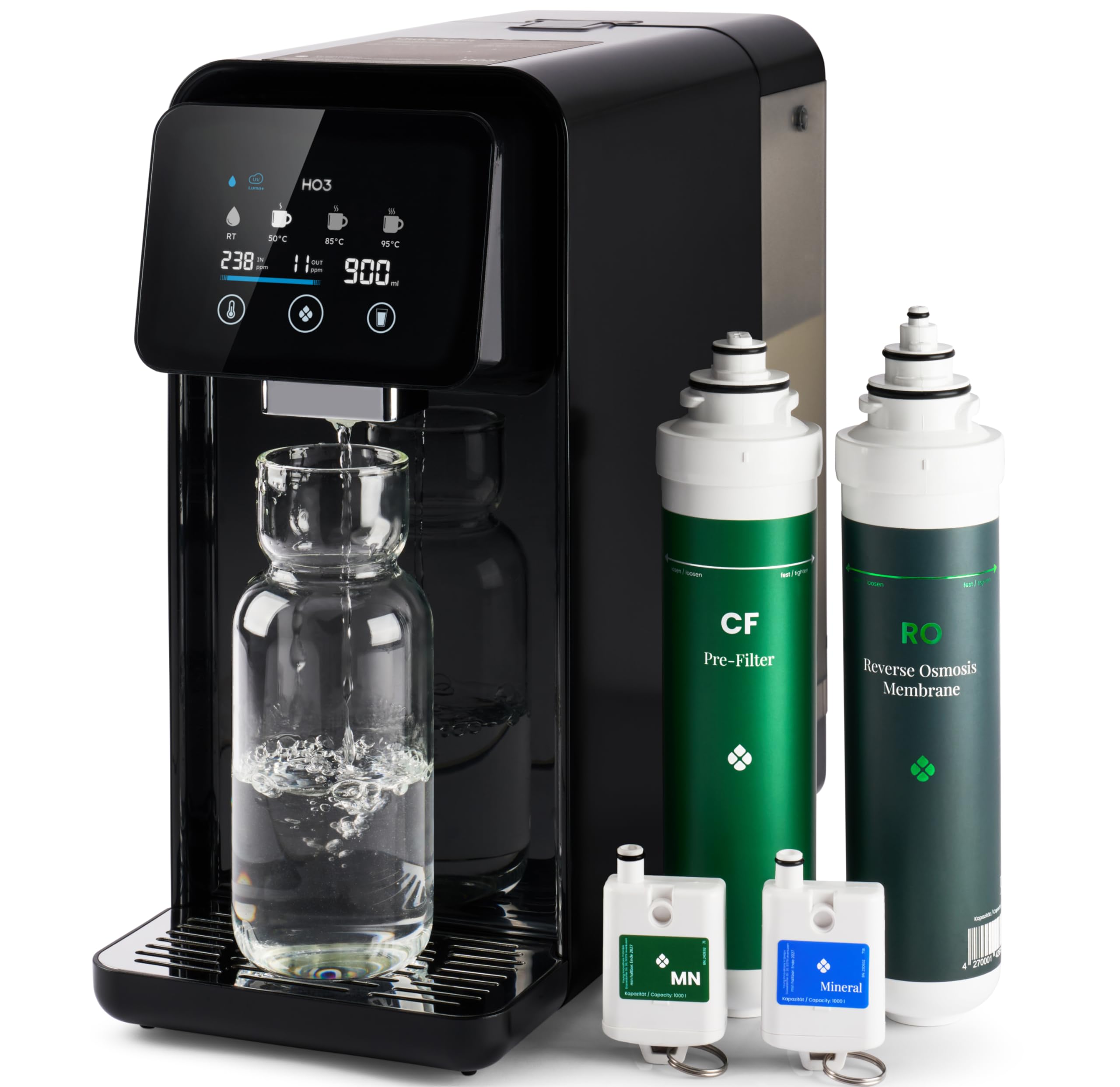 HO3 Home One Auftisch Osmoseanlage für Trinkwasser 4 Temperaturstufen 10 Stufen Wasserausgabe Echtzeit TDS 8 Stufen Filtration Doppel-Luma-UV Wasserfilter Schwarz
