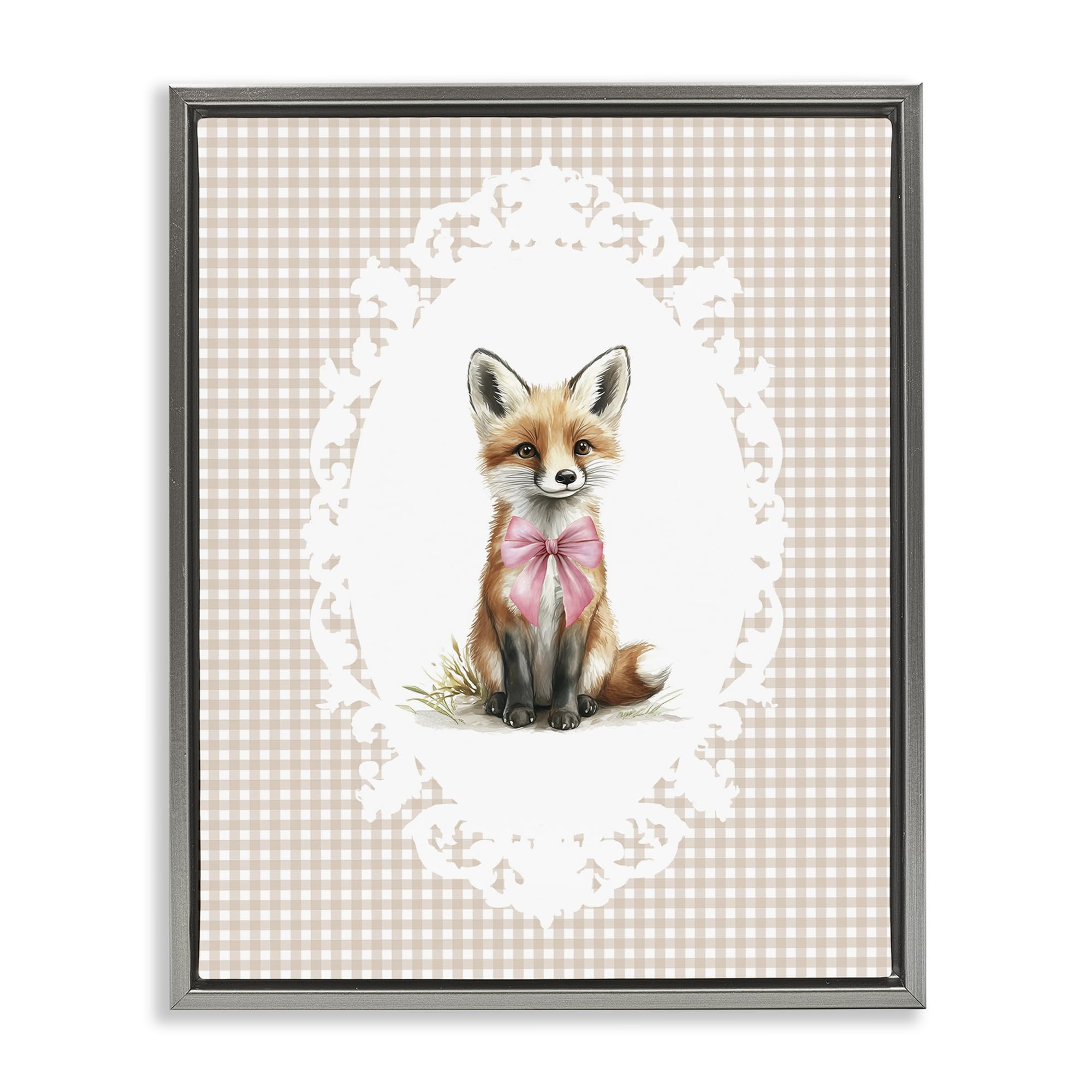 Stupell Industries Vintage Bow Fox Gingham 'Vintage Bow Fox On Gingham', Floating Frame Canvas Art, Gray, 25 X 31 Inches, Easy To Hang And Sturdy, Made In Usa, By Christine Simpson Art