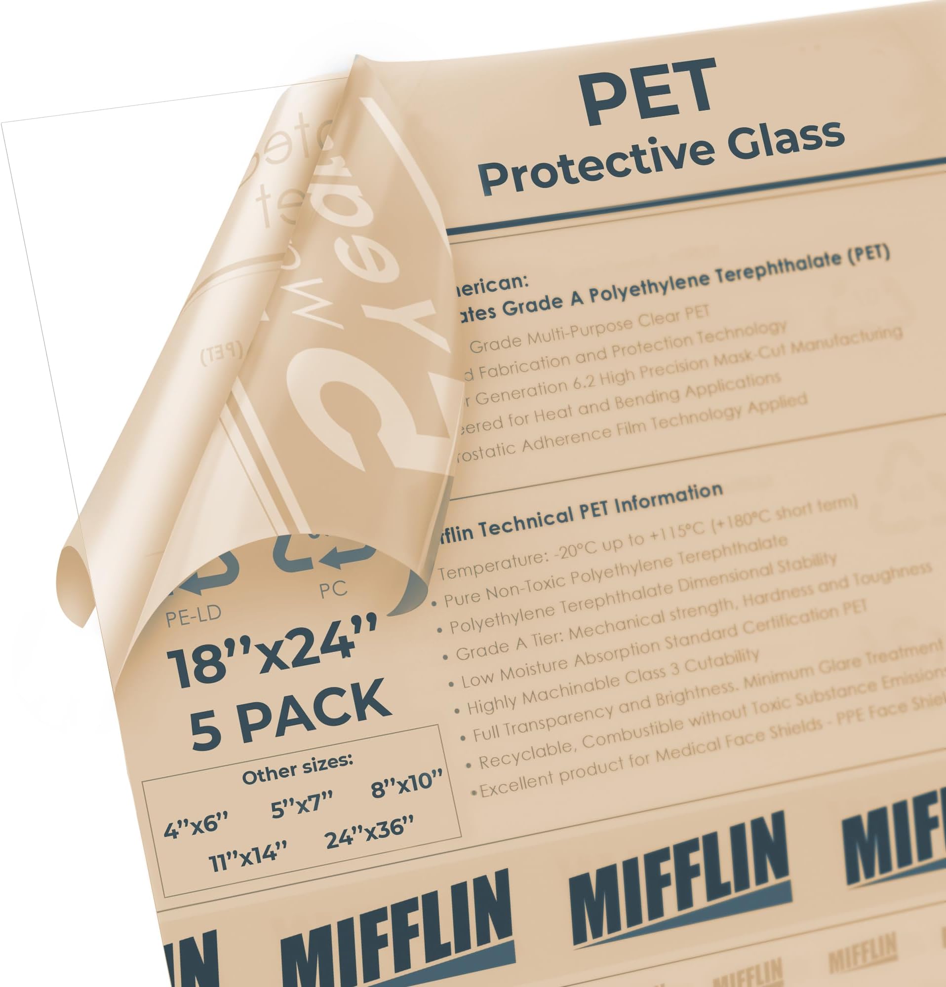 Mifflin-USA Flexible Clear Plastic Sheet (18x24 x 0.03 inch, 5 PK), PET is Similar to Plexiglass & Acrylic Yet Lightweight & Thin, Poster Frame Glass Replacement, General Household Use, Easy Cut