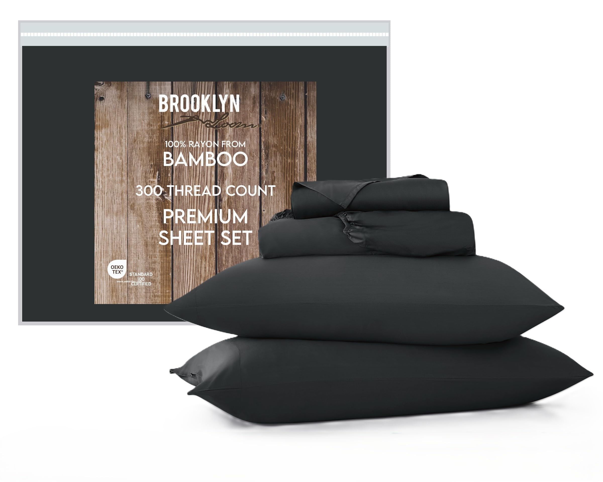 Brooklyn Loom 300 Thread Count Sateen 100% Rayon from Bamboo Deep Pocket 4 Piece Queen Sheet Set in Charcoal, All Season, Adult Size, Oeko-TEX Certified