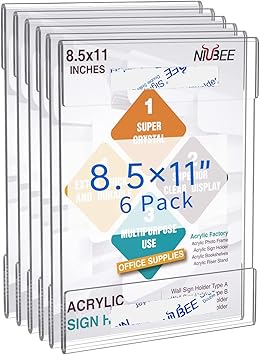 NIUBEE 8.5x11 Clear Acrylic Plexi Sign Holders with Double Sided Adhesive Tape, Wall Sign Memo Document Menu Holder for Office, Home, Store, Restaurant-No Drilling (6 Pack)