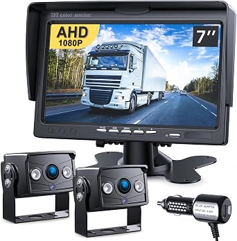 Upgrade Dual Backup Camera Monitor Kit 7" HD 1080P Monitor IP69 Waterproof Rearview Reversing Rear View Camera for Truck Trailer Semi-Trailer Box Truck RV Pickup Truck Easy Installation TZ102