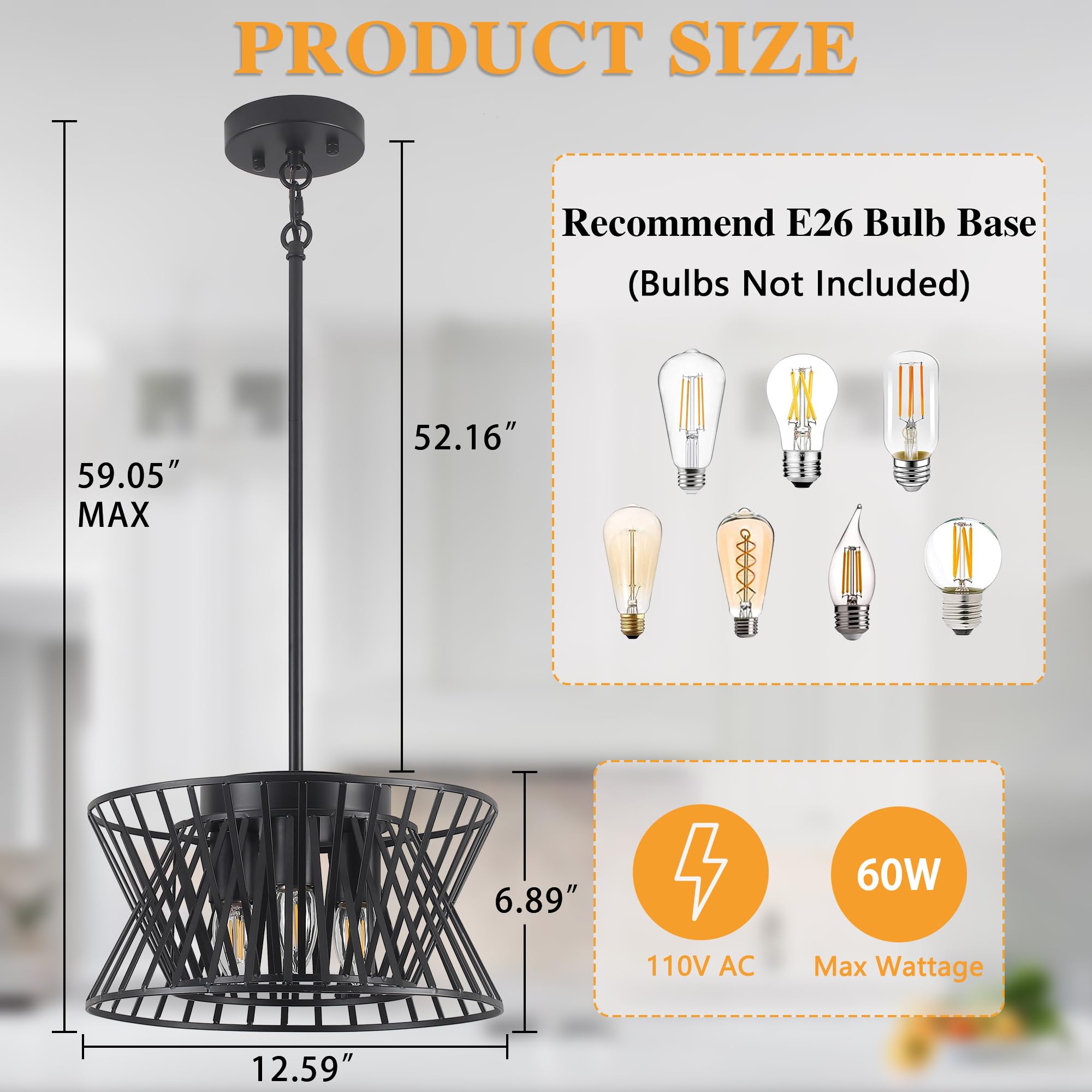 Lámpara colgante negra de 3 luces, estilo vintage, geométrica, lámpara de araña ajustable, accesorios de iluminación de metal para cocina, sala de comedor, vestíbulo 3