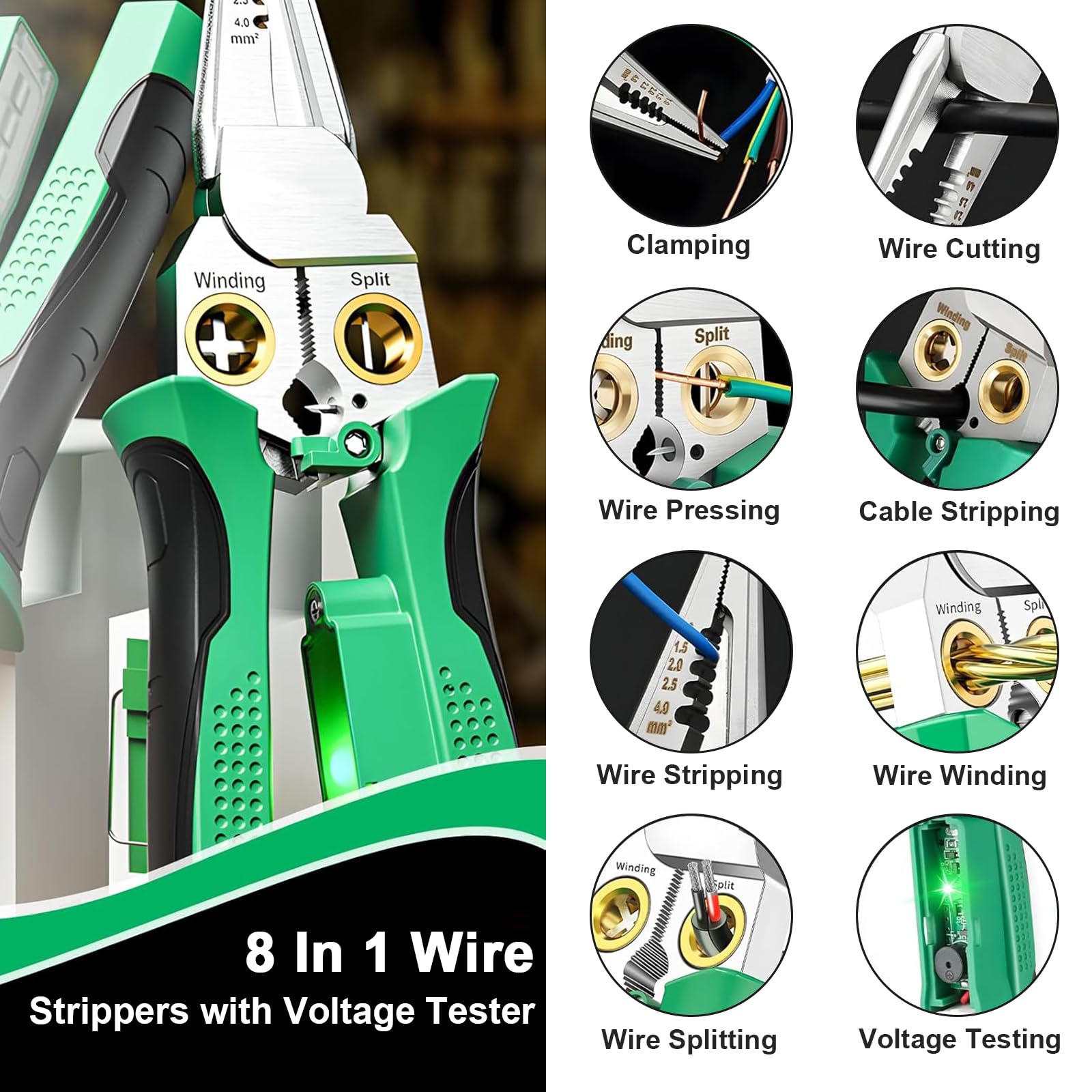 Pince à Dénuder 8 En 1 Multifonction – Testeur Tension 12-250V, Coupe, Sertissage, Dénudage Précis AWG 10-24