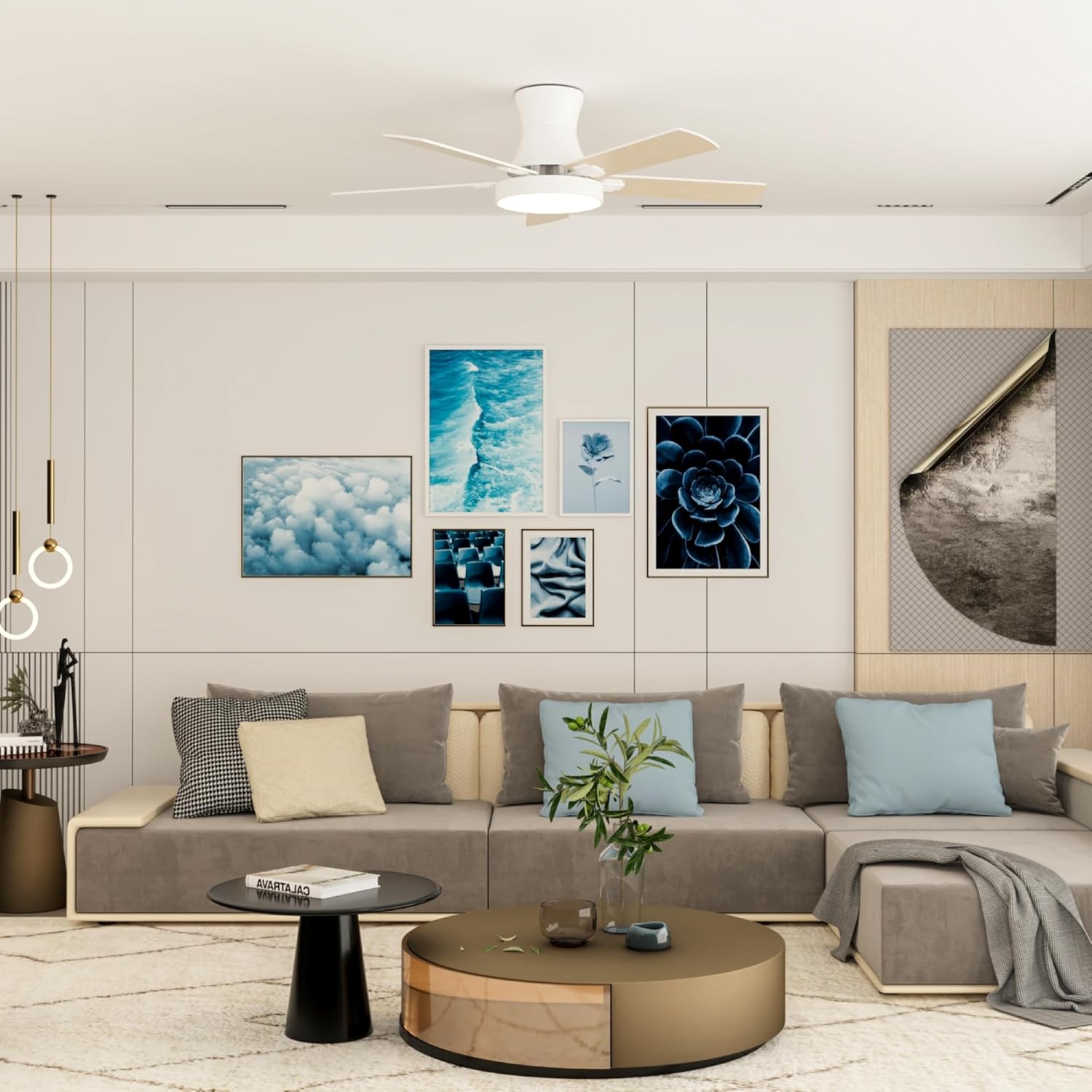 42 inch Smart Ceiling Fan with Light with Remote /App /Alex , Flush Mount, Quite 6 Speeds Reversible DC Motor, Dimmable LED Lamp for Living Room,Dining Room,Bedroom wood color