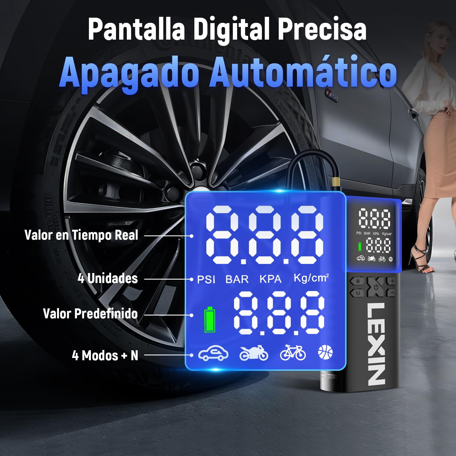 LEXIN P4 Compresor de Aire Portatil 150 PSI, Inflador Eléctrico 4000mAh | Bomba Aire con Pantalla LCD, Potente, Ligero, con Válvula Presta/Schrader para Moto/Coche/Bicicleta/Pelota/Scoote