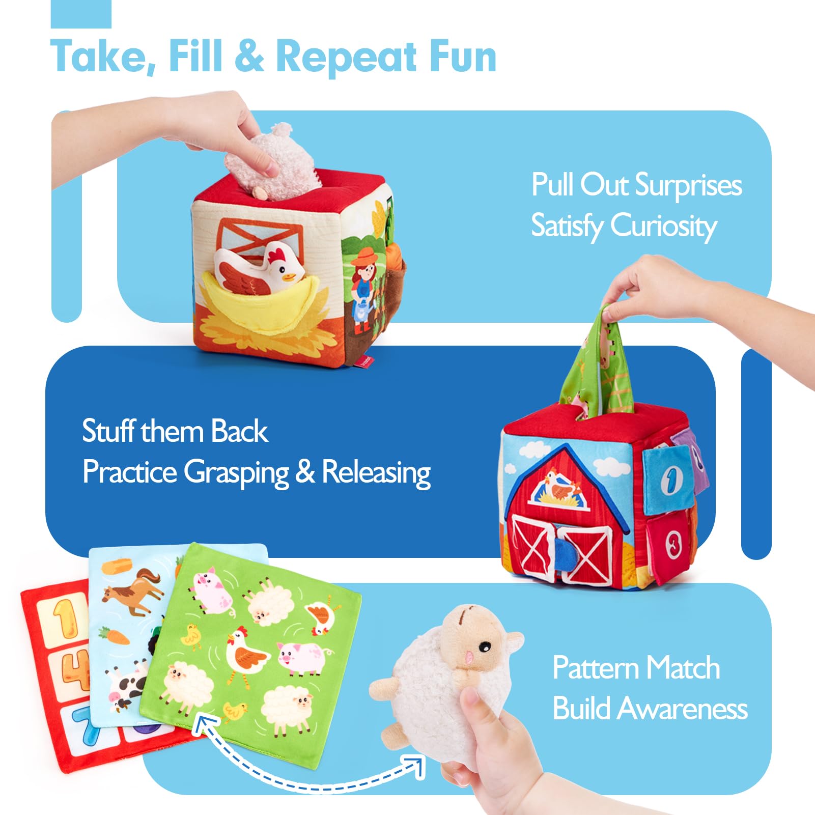hahaland Surprise Tissue Box, Baby Toys 6-12 Months, Montessori Sensory Learning Box Toy with Soft Crinkle & Farm Animals - Image 3