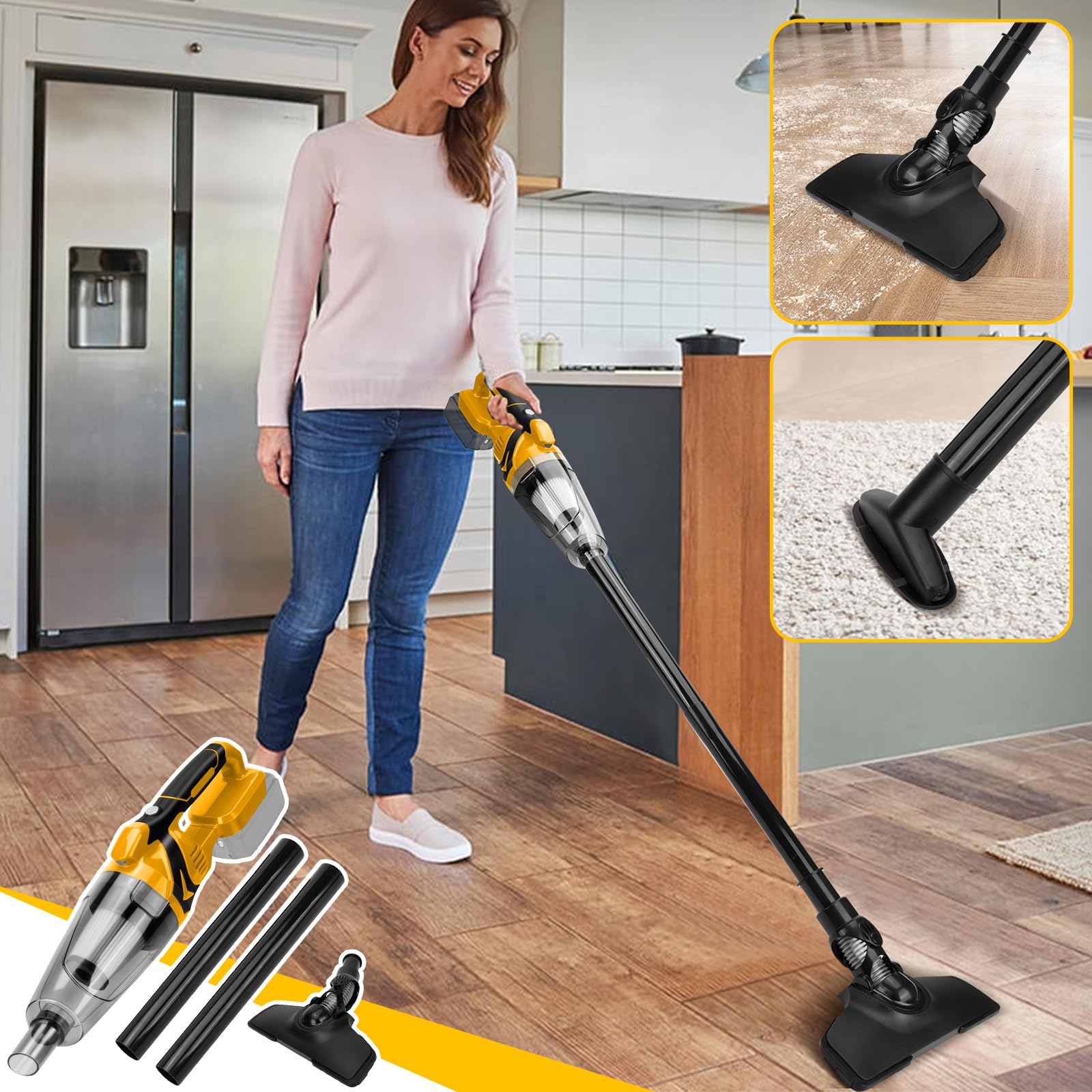 Aspiradora de mano inalámbrica compatible con batería Dewalt de 20 V, aspiradora portátil de 10000 Pa con 4 boquillas, contenedor de polvo de 0,75 L, luz LED, para el hogar y el coche (sin batería)