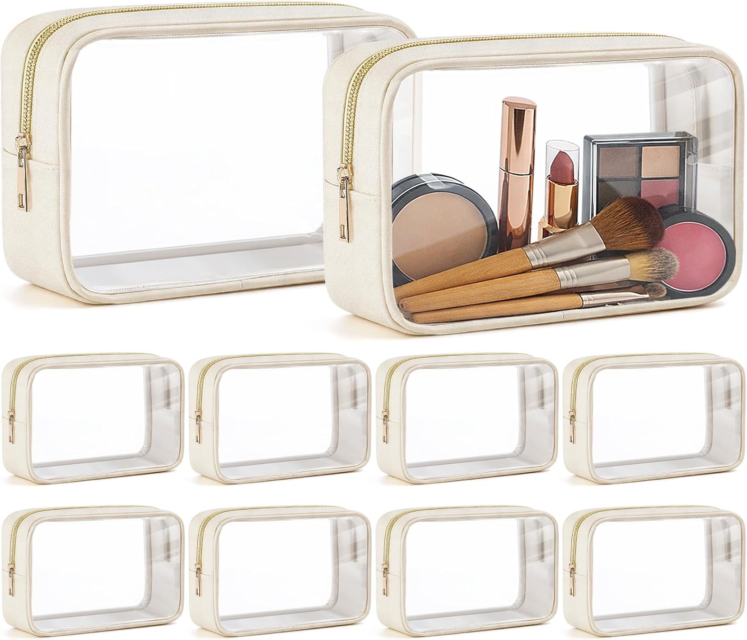 Abbylike 10 Pcs Clear Makeup Bags Bulk PU Leather Portable Travel Cosmetic Case Tsa Approved Toiletry Bags with Zipper Car Console Organizer Waterproof Makeup Pouch for Girl Women Travel (Light Beige)