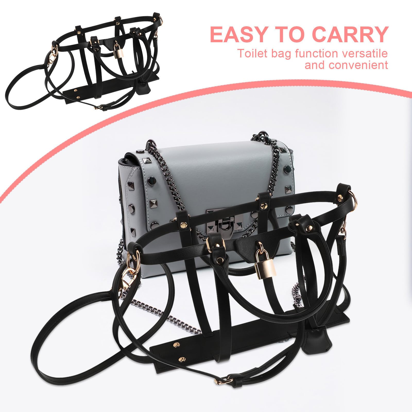 Conjunto Portátil de Accesorios para Bolsos de Mano con Diseño Retro en PU Negro, Soporte de Exhibición y Correa para Bolso Cruzado, Adecuado para Viajes y Uso Diario