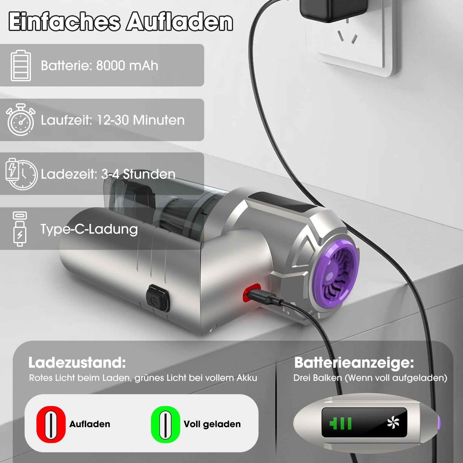 Fuqiduo Aspirateur Balai Main sans Fil, Aspirateur de Voiture Puissant avec Moteur sans Balais, 22000Pa, avec 3 Filtres HEPA, 2-en-1 Mini Aspirateur pour Voiture, Poils d'animaux et Nettoyage PC