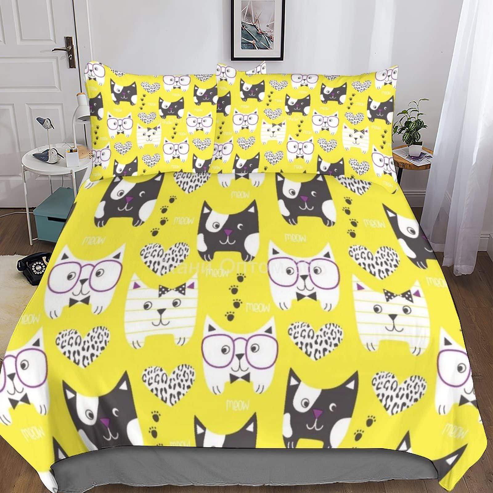 Housse de couette 3D chats 220x240 cm en microfibre avec ses deux taies d'oreiller