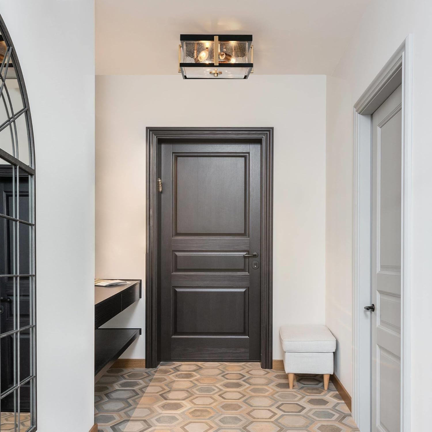 ZEVNI Modern Black Gold Flush Mount Ceiling Light Fixtures, 3-Light Industrial Close to Ceiling Lighting with Seeded Glass Shade for Bedroom, Hallway, Foyer, Kitchen, Dining Room, 12" Dia