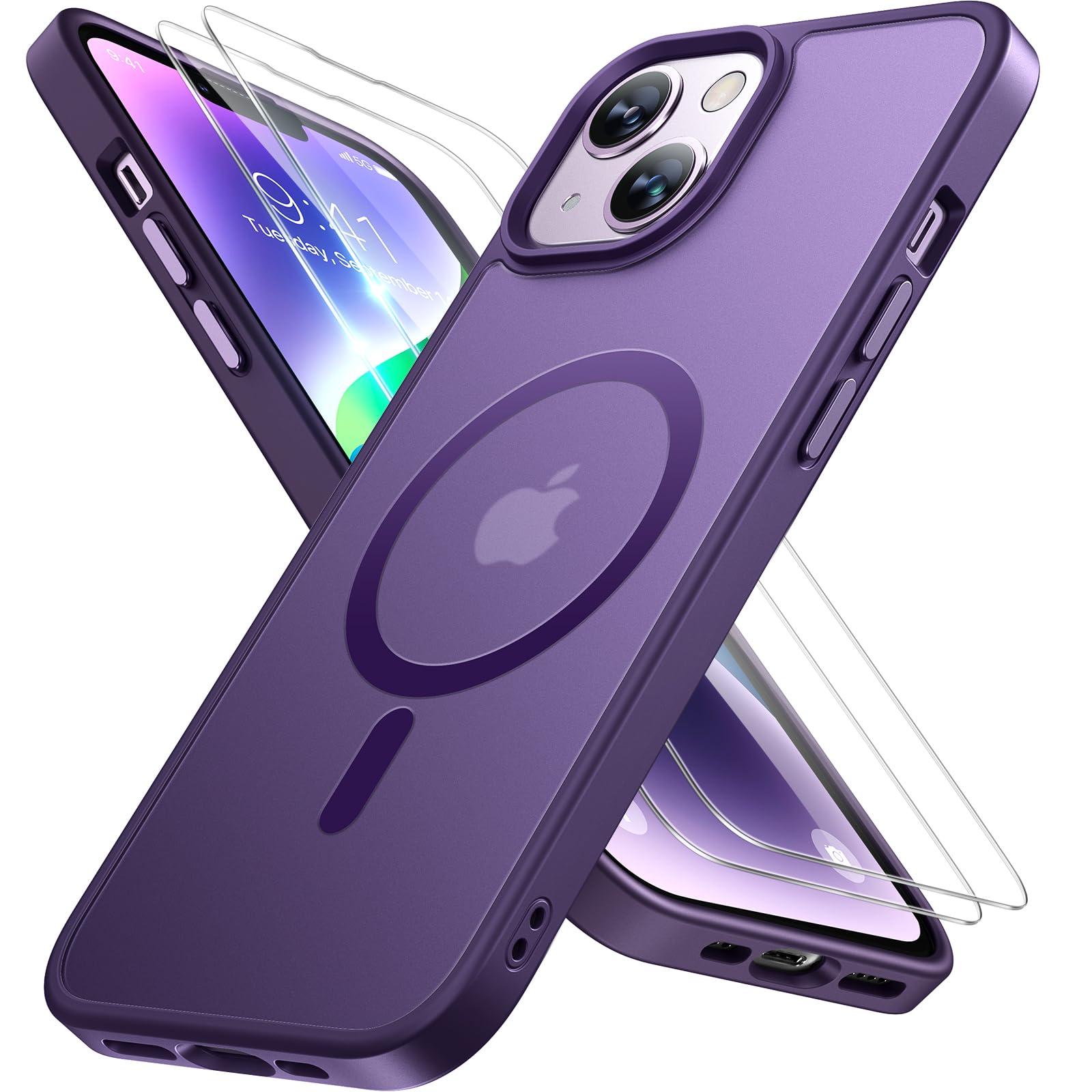 Miracase Magnetic for iPhone 14 Case 6.1 inch (Compatible with MagSafe)（with 2X Screen Protectors） Military-Grade Protection, Anti-Fingerprint Translucent Matte Phone Case Cover, Dark Purple