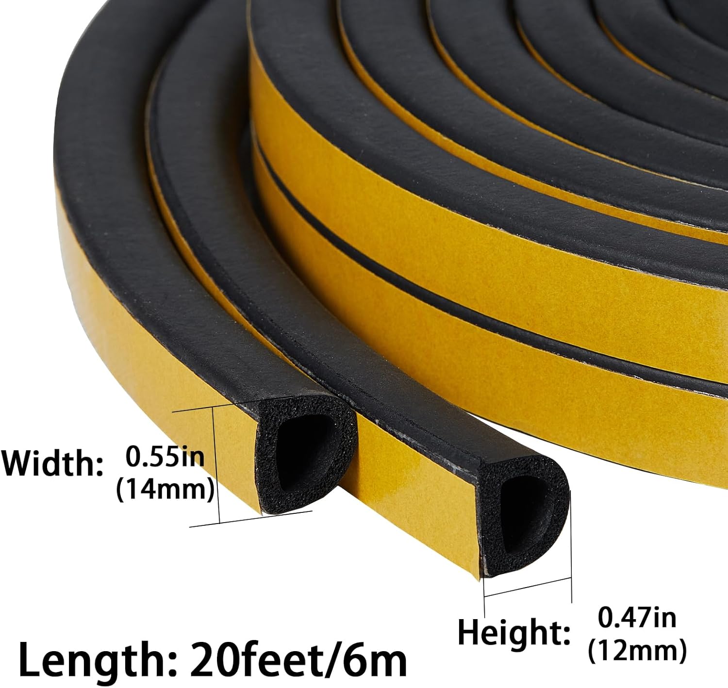 QDiShi Black D-Shape Weather Stripping Seal Strip 20FT Door Window Gap Filler Insulation Trim for Exterior Door Frame, Self-Adhesive Backing Seals Large Gap (from 5/16 to 15/32 inch)