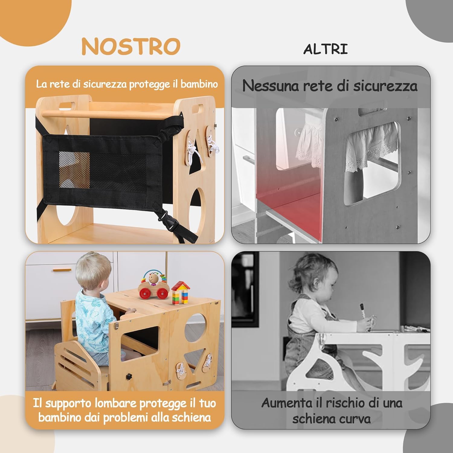 Olvy Kids 3 in 1 Montessori - Torre di apprendimento pieghevole - Scaletta in legno - 3 gradini - Torre da cucina per bambini - Torre di apprendimento in piedi a partire da 1 anno - Scala per bambini