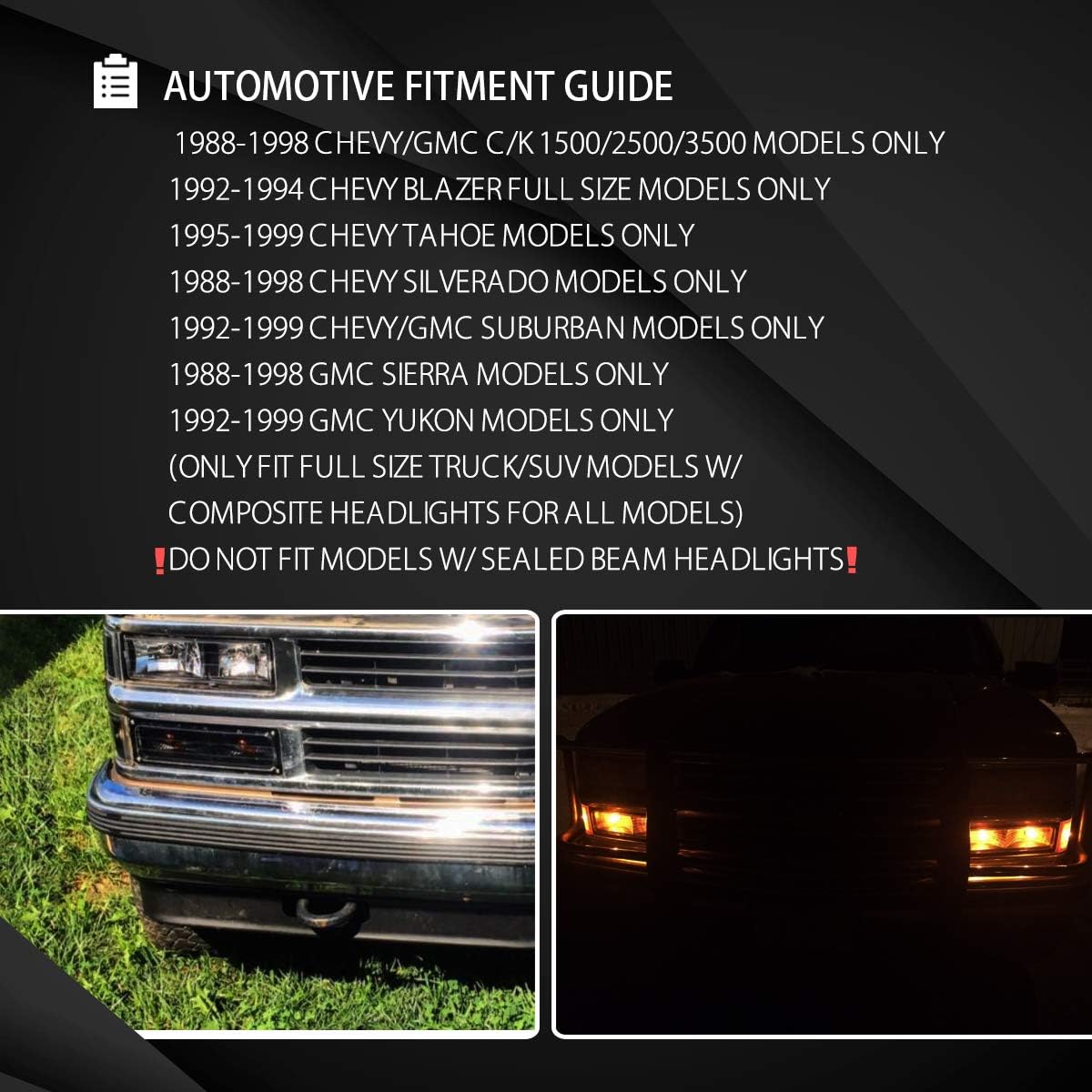 Autozensation Compatible with Chevy GMC C/K 1500 2500 3500 1988-1998, Silverado, Sierra, Black Housing Clear Lens Bumper Lights, L+R Pair Assembly
