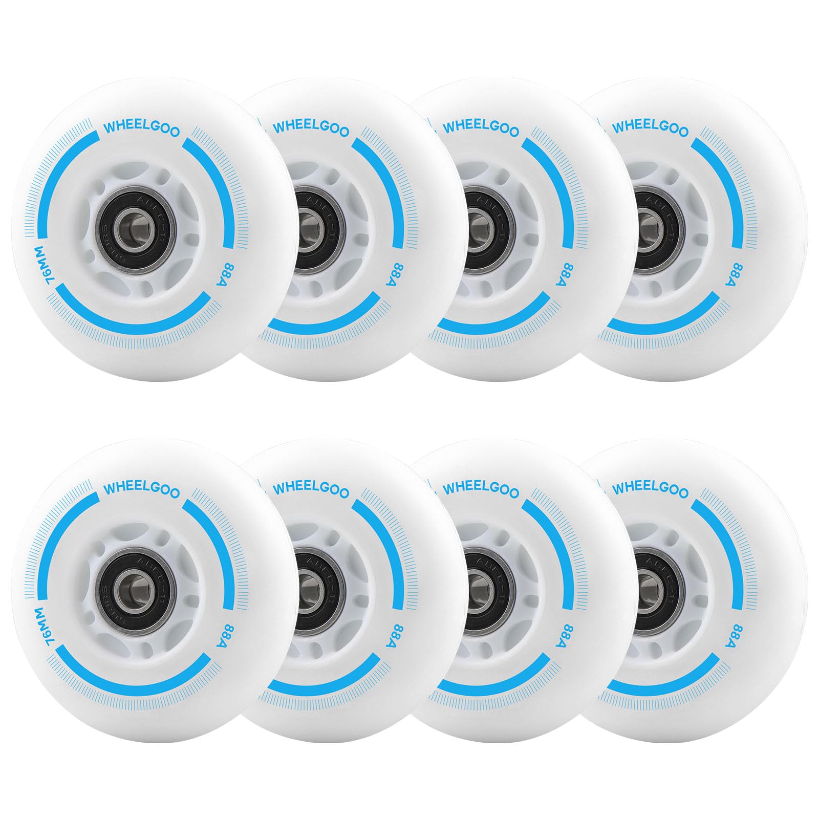 WHEELGOO 8-Pack LED Light Up Inline Skate Wheels for Kids & Teens, No Battery, PU Wheels with 608RS Bearings, Evening & Night Skating (Blue, 76mm)