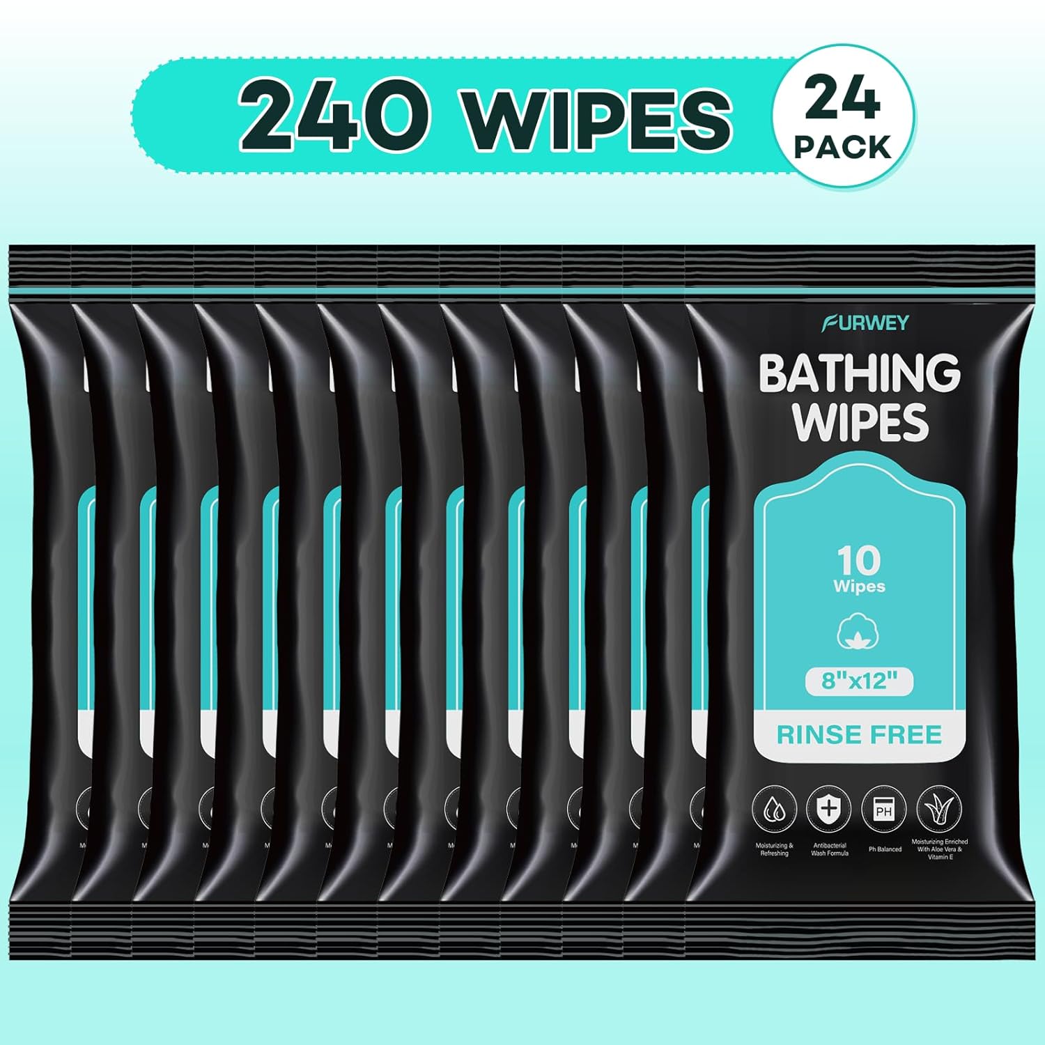 XL Bathing Wipes No Rinse for Adults – 24 Packs (240 Count)- Extra Thick & Large Shower Wipe, Ideal for Men, Women & Elderly – Soft & Gentle Disposable Bath Wipes - Camping & Travel Essentials