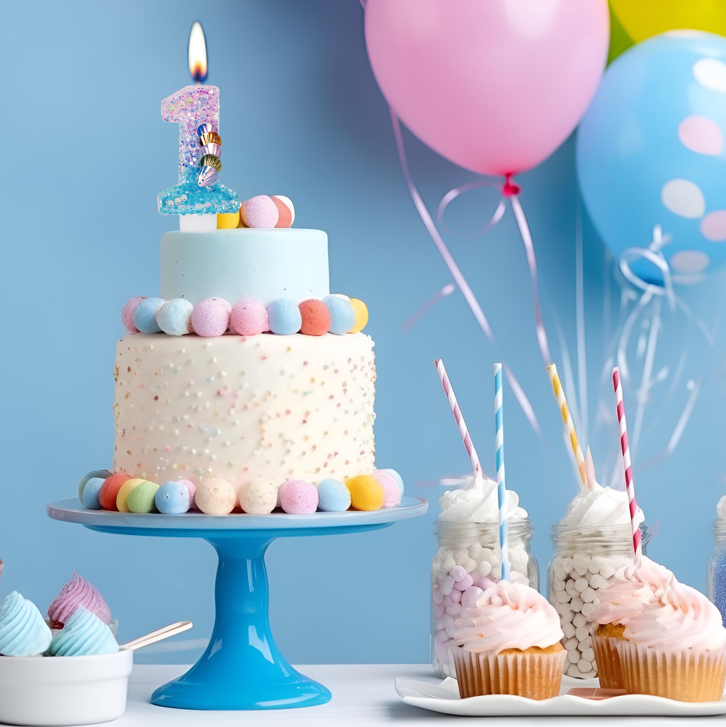 Vela de primer cumpleaños para niña – Sirena número 1 velas decoración de pastel para fiesta bajo el mar – Vela brillante con perlas y conchas – Variouslife