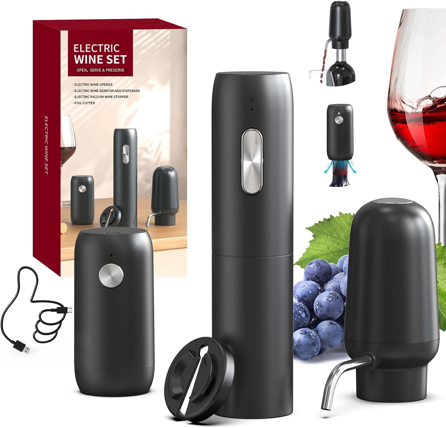 CIRCLE JOY Electric Wine Opener Set 4-in-1 Wine Set with Rechargeable Wine Opener, Rechargeable Wine Aerator Pourer, Foil Cutter and Vacuum Wine Stopper, Gift Set for Wine Lovers, Silver