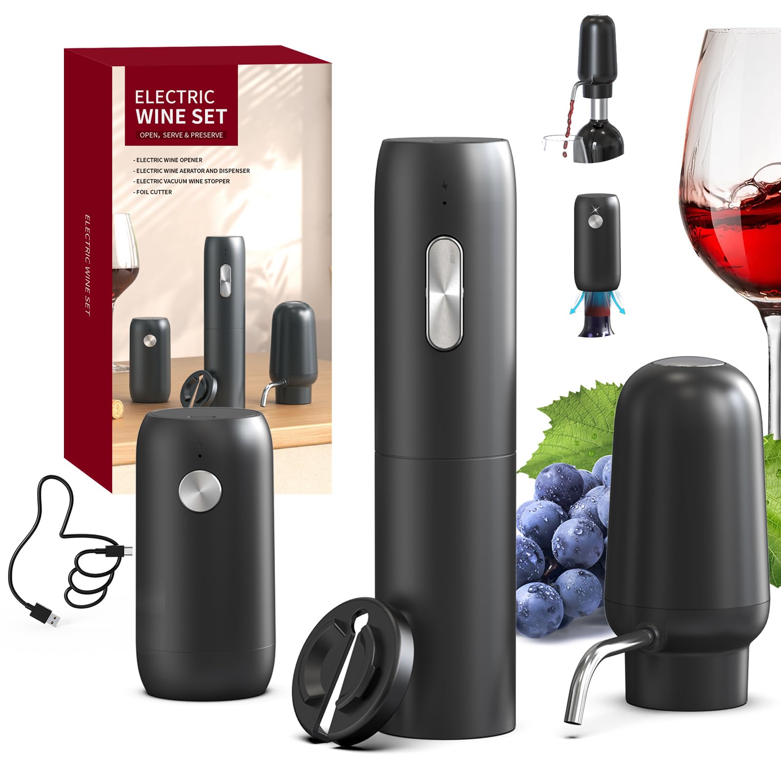 Juego de abridor eléctrico de botellas de vino recargable 5 en 1 con cortador de aluminio, abridor de vino eléctrico, aireador y vertedor de vino eléctrico 2 en 1, tapón de vino al vacío