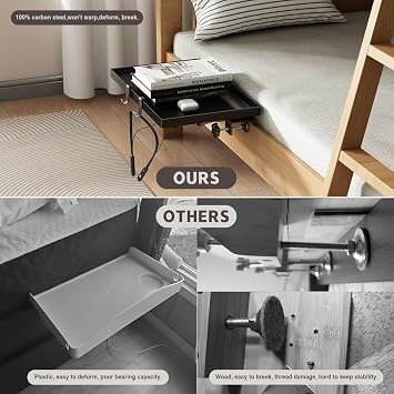 Magheo Bedside Shelf Foldable, Clip-On Metal Bunk Bed Shelf for Top Bunk, Heavy Duty Bed Side Table Tray for College Dorm Room Essentials, Loft Nightstand Organizer Tray with 3 Cord Holes (Black)