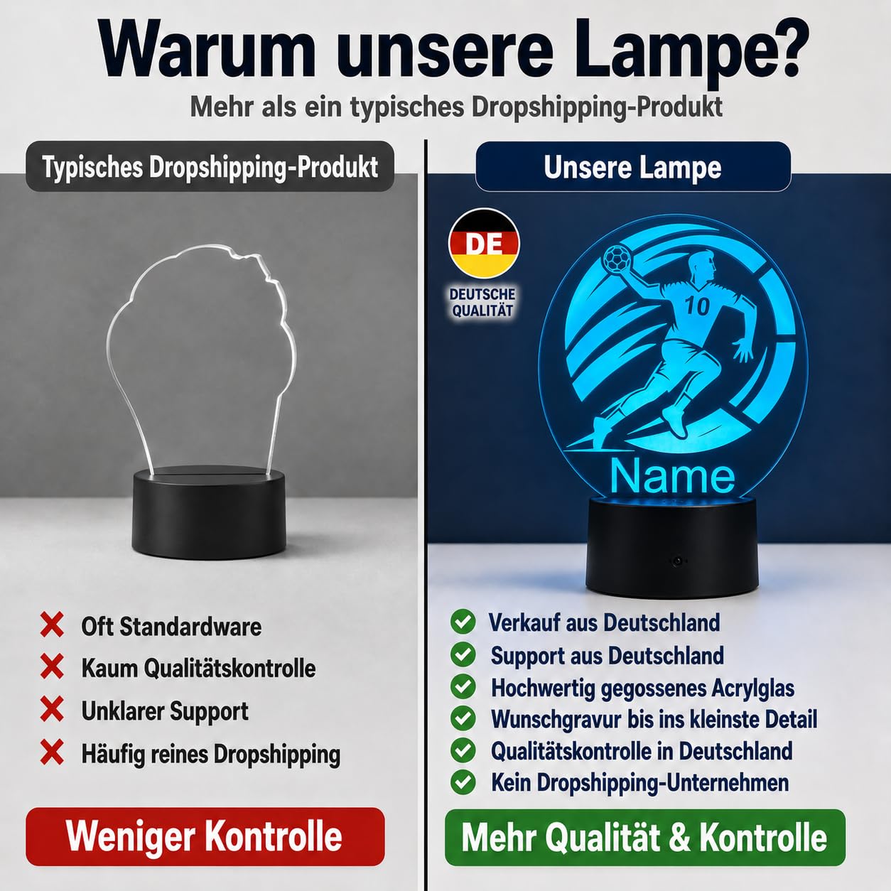 Personalisierte Handball Lampe – LED Nachtlicht mit Name – Geschenkidee für Handball Spieler, Trainer & Fans – dimmbare Tischlampe mit Fernbedienung – originelle Sport Deko fürs Kinderzimmer & Zuhause