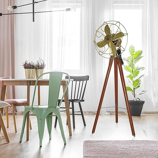 Nautical Collection Pedestal Fan - Antique Tripod Fan With Modern Unique Style Wooden Tripod Stand For Home & Office (Golden)