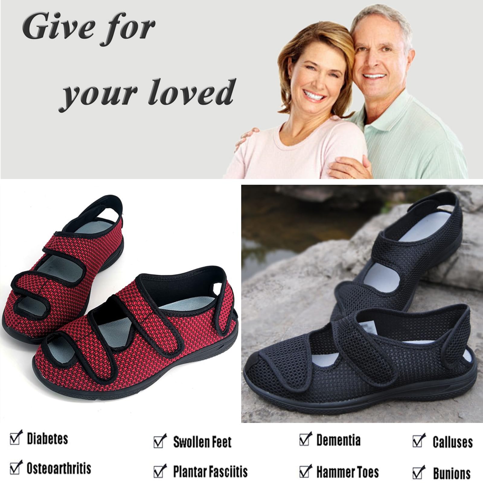 Zapatillas Diabéticos para Hombre Mujer Ligero Zapatos Ajustables Antideslizantes Respirable Ortopédico Sandalias para Ancianos Pies Hinchados con Edema