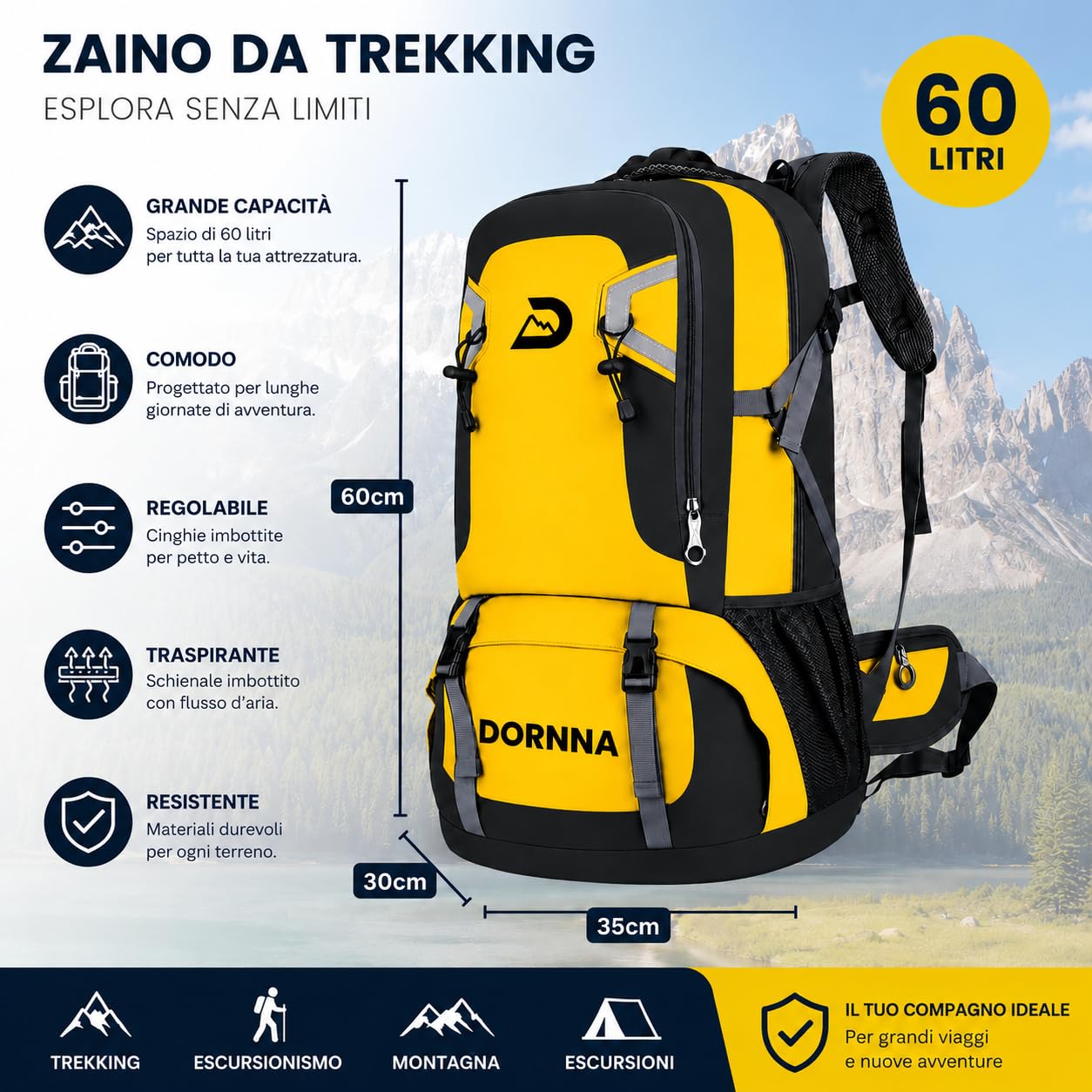 Zaino Trekking 60 Litri Impermeabile, Zaino da Trekking Uomo e Donna, Zaino Campeggio e Scout, Zaino Viaggio 60L, Zaini Trekking Grande Capacità per Escursionismo, Outdoor, Montagna e Viaggi.