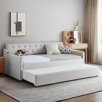 Antetek Daybed with Pop Up Trundle, Modern Button Tufted Linen Upholstered Sofa Bed Frame, Twin to King Size Day Bed w/USB & Type C Port for Bedroom, Living Room, No Box Spring Needed, Beige