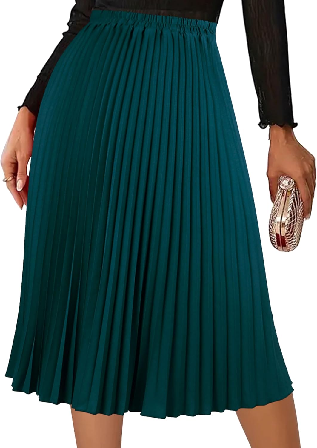 Women's Pleated Skirts High Elastic Waist A-Line Swing Skirt Midi Length - Image 7