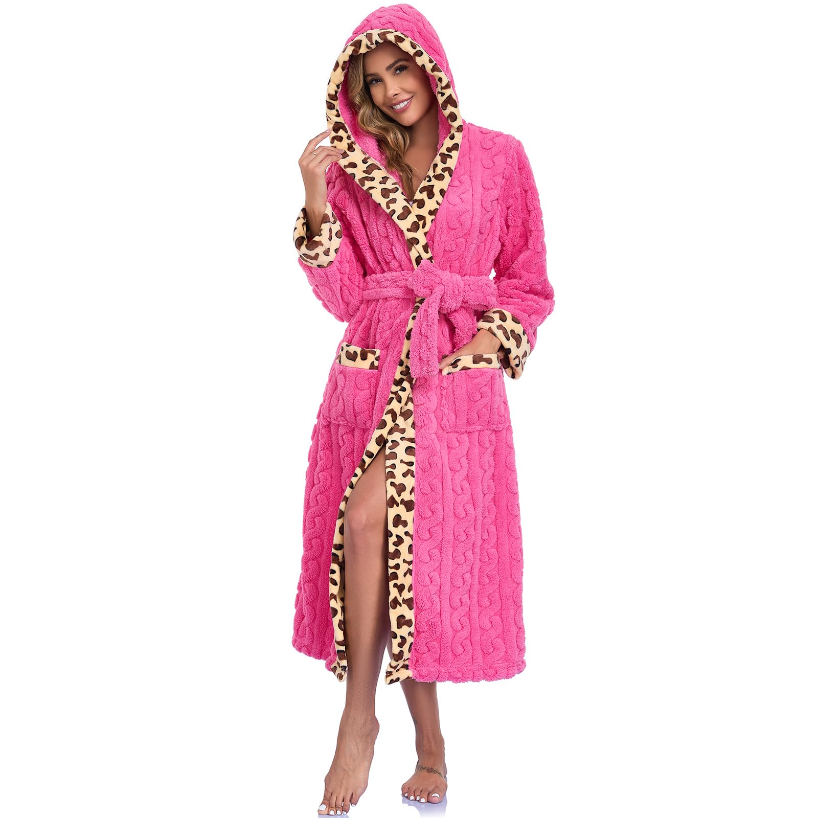 RONGTAI Accappatoio Donna con Cappuccio in Pile Loop, Stampa Leopardata - Morbido, Caldo ed Elegante, Tendenza Moda per Casa, SPA e Regalo