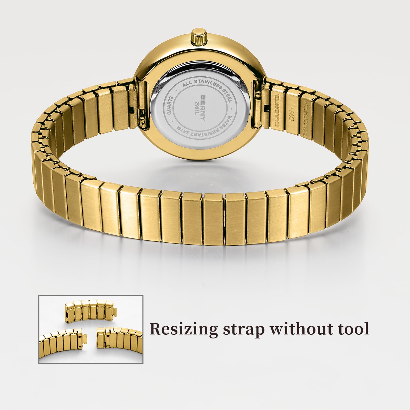 BERNY Relojes de Oro para Mujer Reloj de Pulsera Vintage Damas Relojes Analógicos de Cuarzo con Banda Extensible de Acero Inoxidable 3ATM Resistente al Agua Índices Romanos