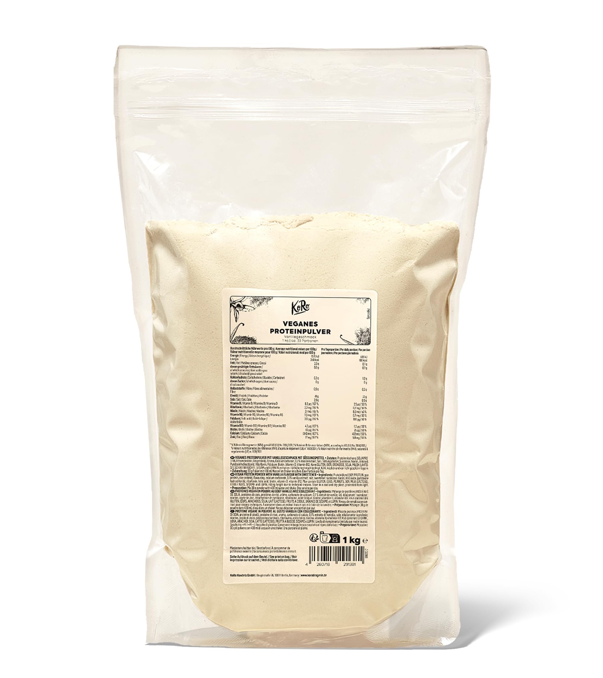 KoRo Veganes Proteinpulver Ohne Zucker Vanille 1 kg - Aus Reis-, Erbsen- und Soja Protein Pulver Vegan - Eiweißpulver Cremig-süß im Geschmack - 30 Tage Vorrat