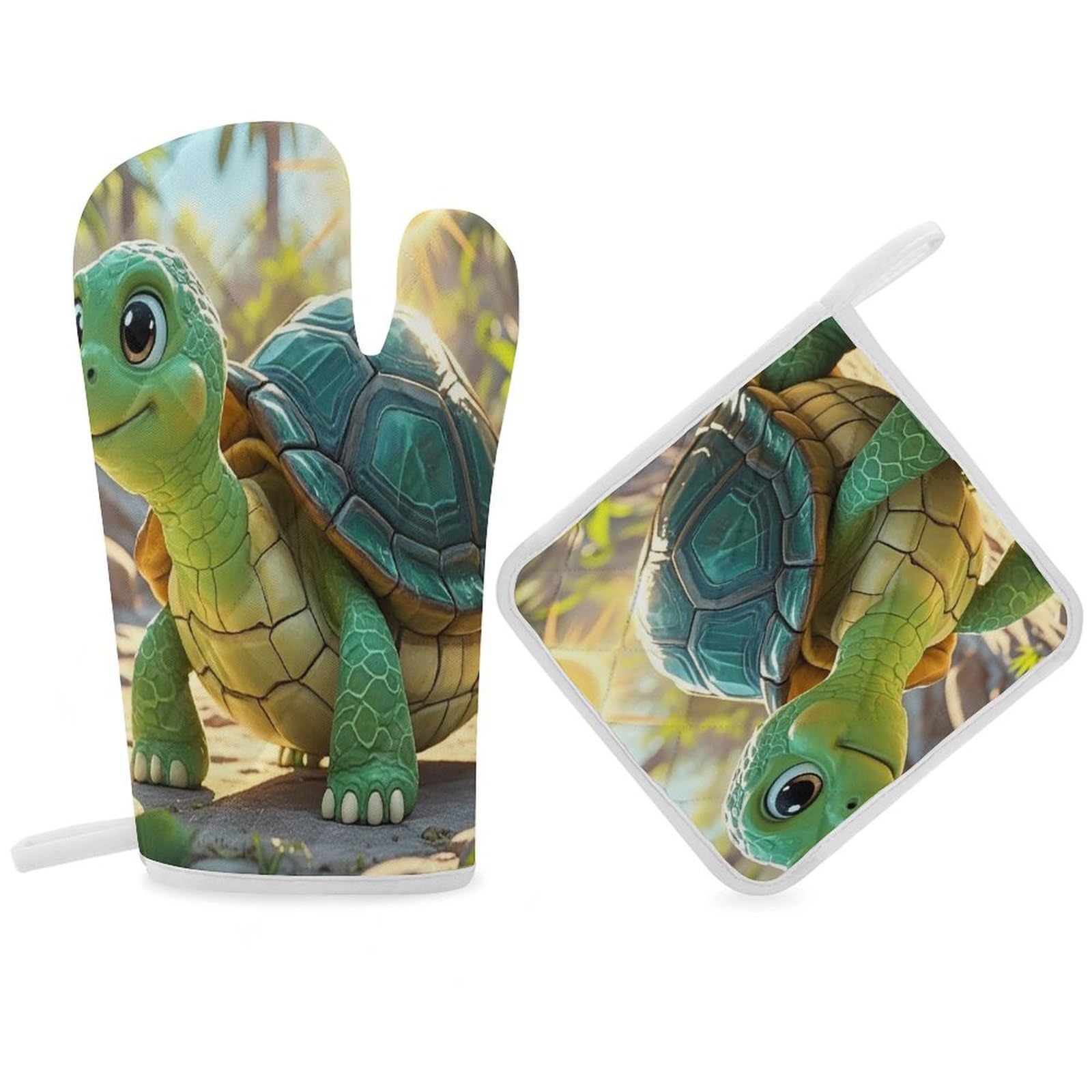 Turtle Oven Mitt Gloves and Heat Insulation Pads Double-Layer Thickened Heat Insulation Mitt Temperature Oven Gloves for Cooking Baking Grilling