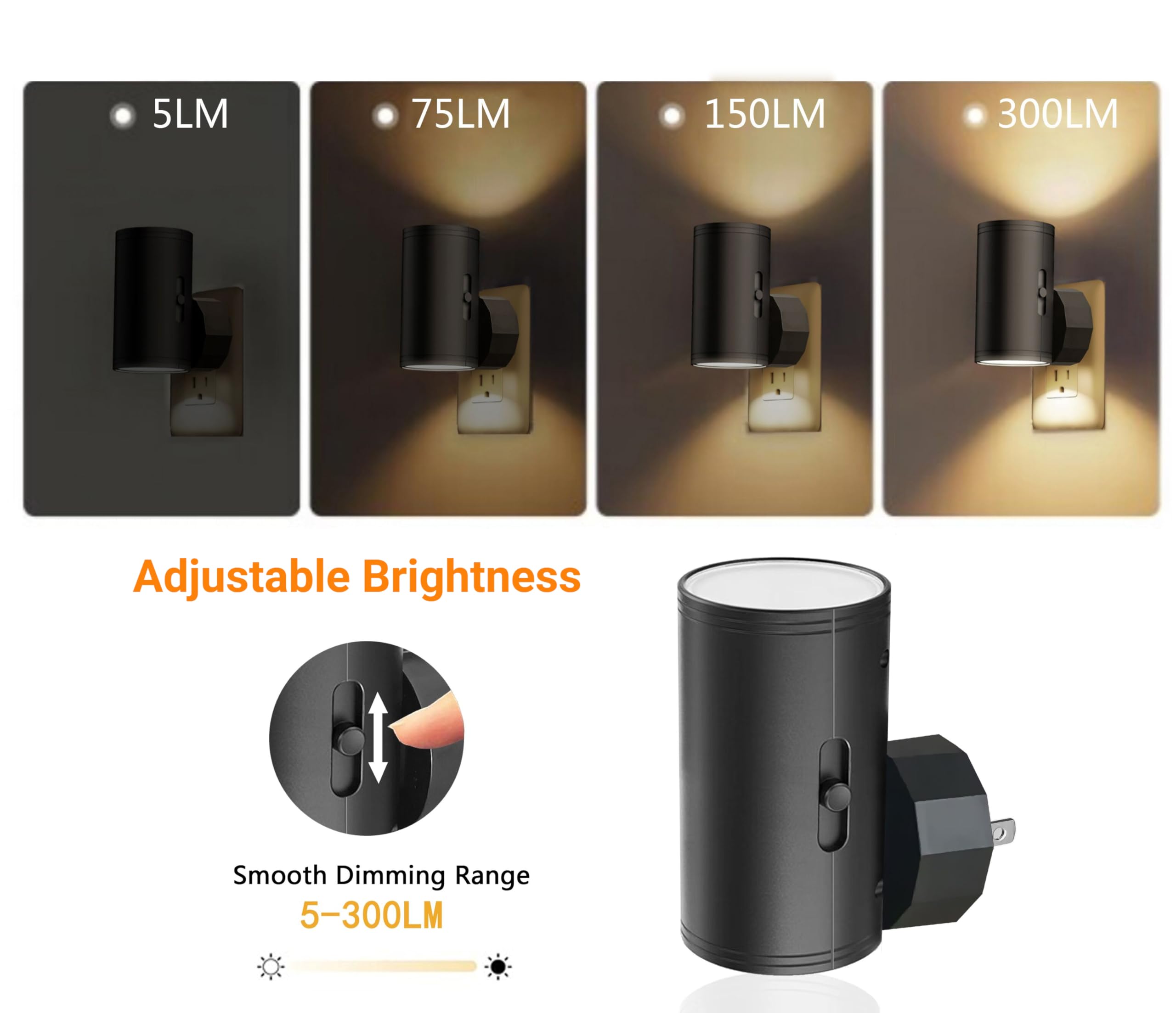 TSEXES 4 Pack LED Night Light Plug in Dusk to Dawn Sensor 5-300LM Adjustable Brightness Soft White 3000K — view 3