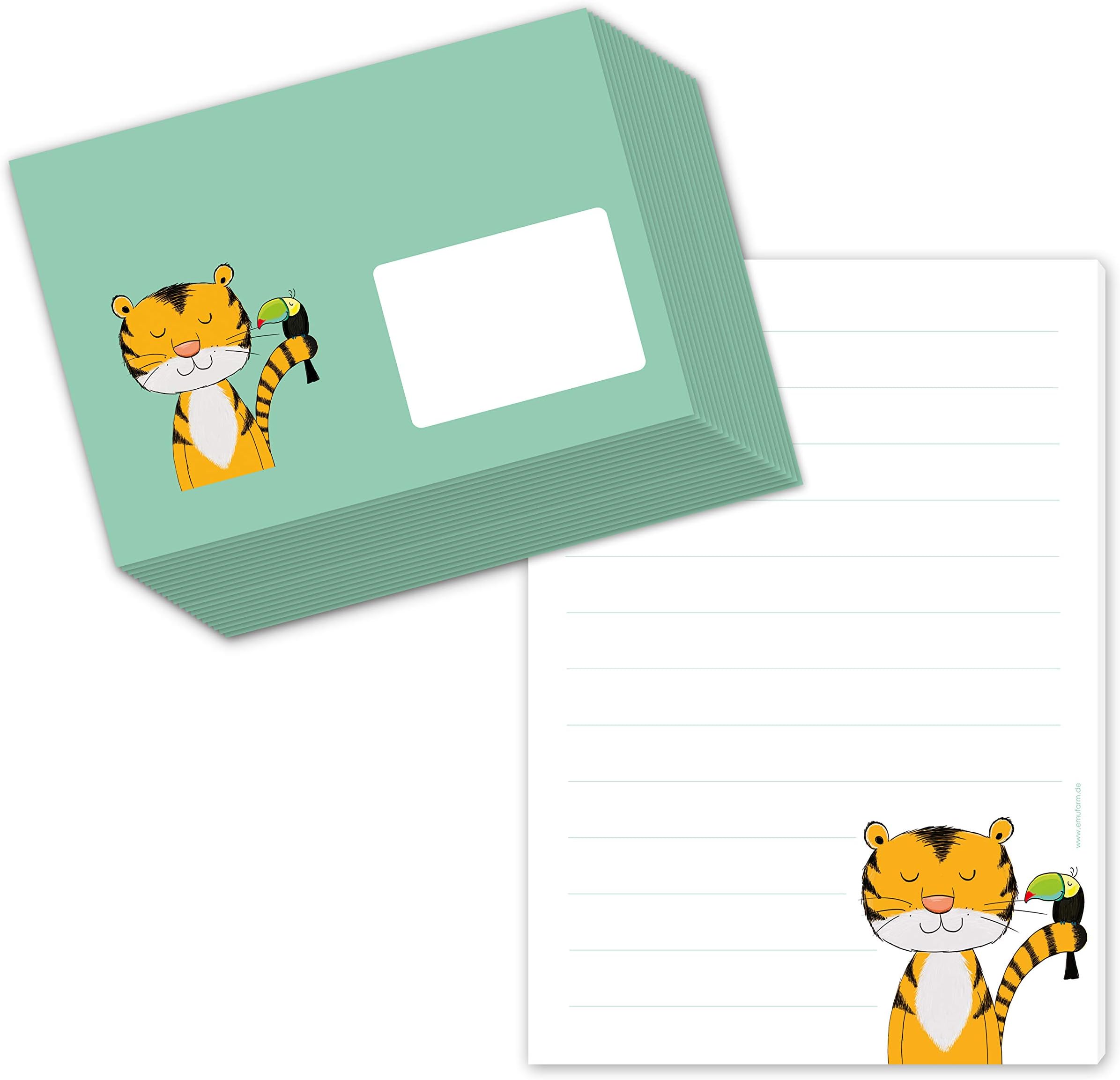 Tiger Theobald writing paper set for children, DIN A5, lined writing pad with 50 sheets, includes 20 matching envelopes
