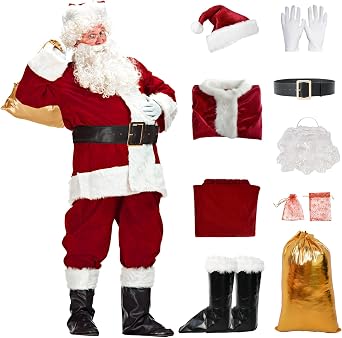 Premium Santa Suits Adults Men, Deluxe Flannel Santa Outfit