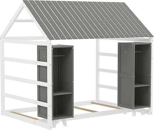 Miniatura 8 de Cama de madera de tamaño matrimonial con tela para niños, cama de plataforma de casa con diseño de valla y techo, cama Montessori para niños