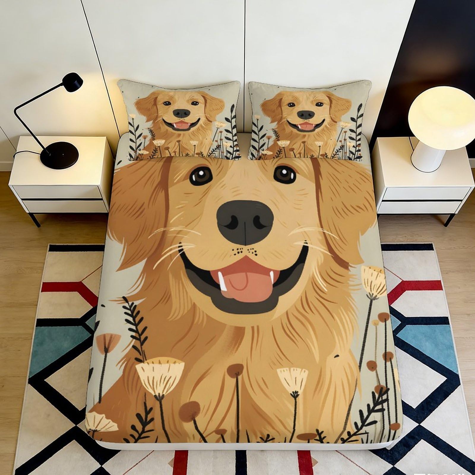 Uynsixtme Style-8 3D Printed Golden Retriever Cartoon Fitted Sheet Microfiber Deep Pocket Bedroom Bedding Golden Retriever Mattress Fitted Cover 200X200x25cm