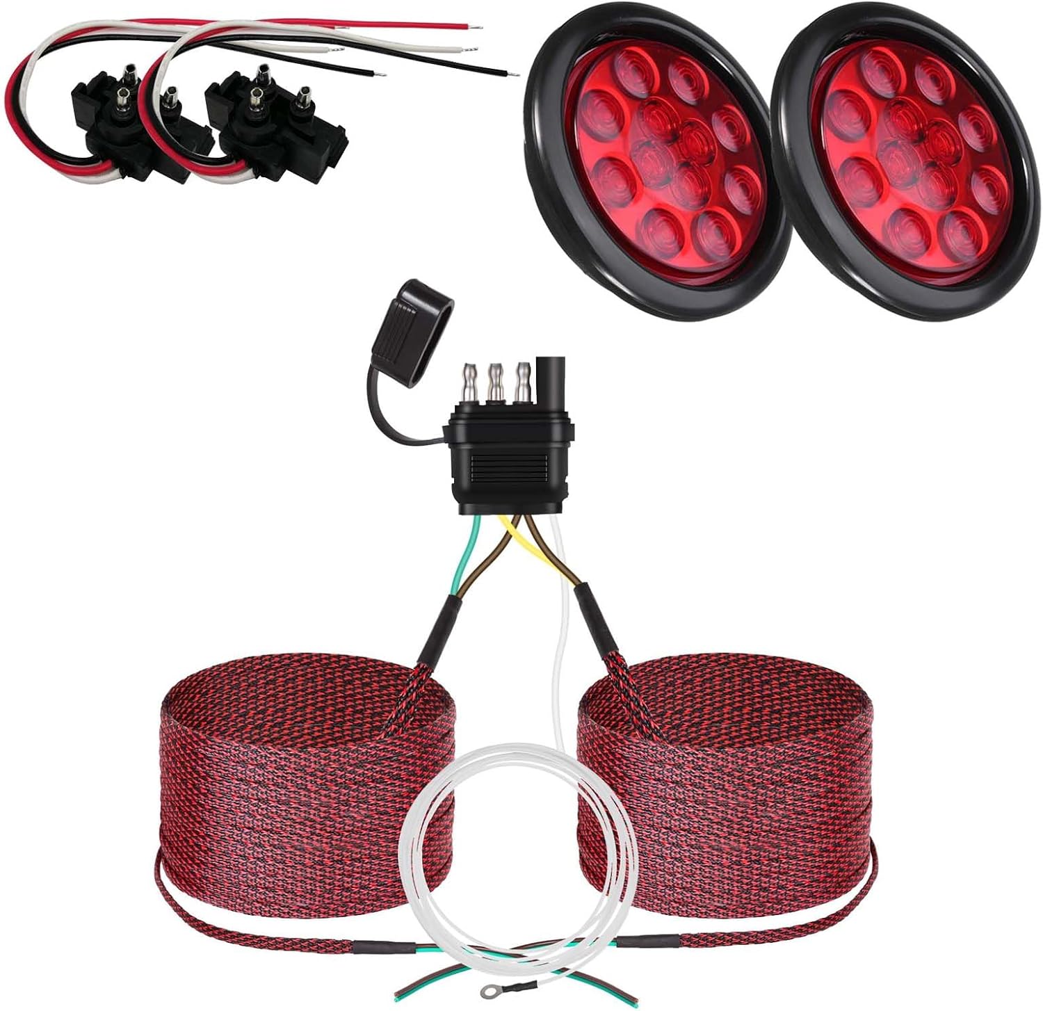 NEW SUN LED Trailer Lighting & Wiring Bundle: 2Pcs 4" Round High Bright Tail Lights (Stop/Turn/Reverse, Waterproof, Plug & Play) & 25FT 4 Pin 5 Wire Harness (4 Way Flat, Copper Wire, Nylon Braided)