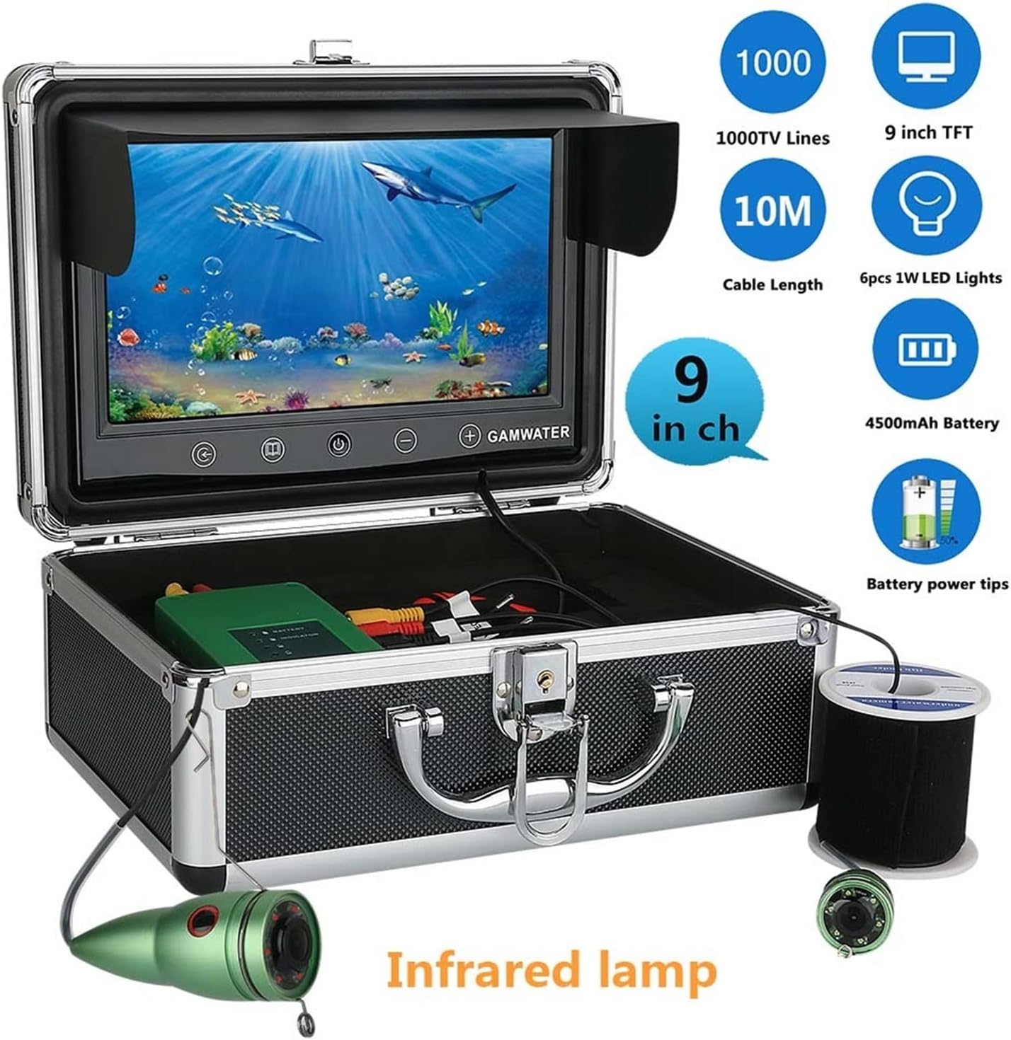 Depth Finders 10M 1000tvl Underwater Fishing Video Camera Kit 6 PCS Infrared Lamp Lights with 9" Inch Color Monitor for Recreational Fishing (Black F003AJ)
